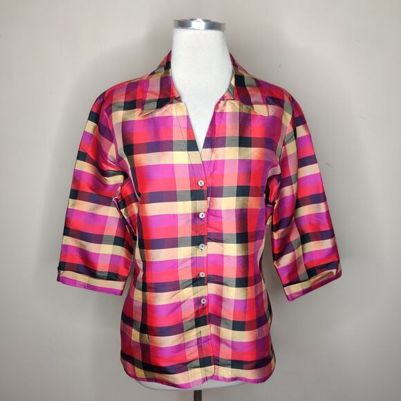 Robbie Bee Plaid Silk Blouse Button Up Pink Fuchsia Gold - Picture 1 of 10
